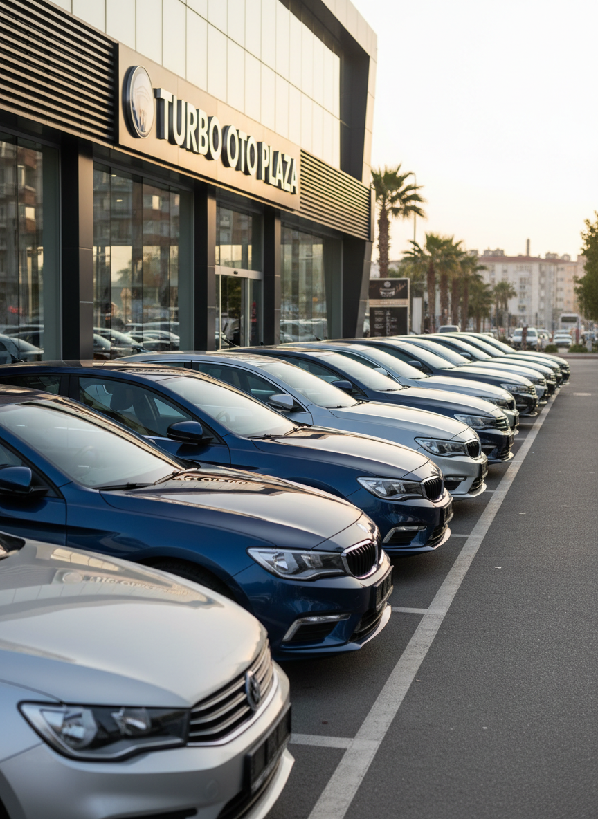 A line of gleaming late-model sedans and compact SUVs in metallic silver, deep blue, and charcoal gray parked neatly in front of a modern Turkish auto dealership facade. The dealership features clean glass panels, brushed aluminum signage, and a wide asphalt forecourt marked with crisp white parking lines. Soft late-afternoon sunlight falls at an angle, creating subtle reflections across polished bodywork and windshields, with long, gentle shadows stretching behind the vehicles. Captured at eye level with a slightly wide lens, the composition follows the rule of thirds, emphasizing depth as the row of cars recedes into a softly blurred urban background. The mood is professional and trustworthy, with photographic realism and a clean, modern aesthetic suited to automotive market news.